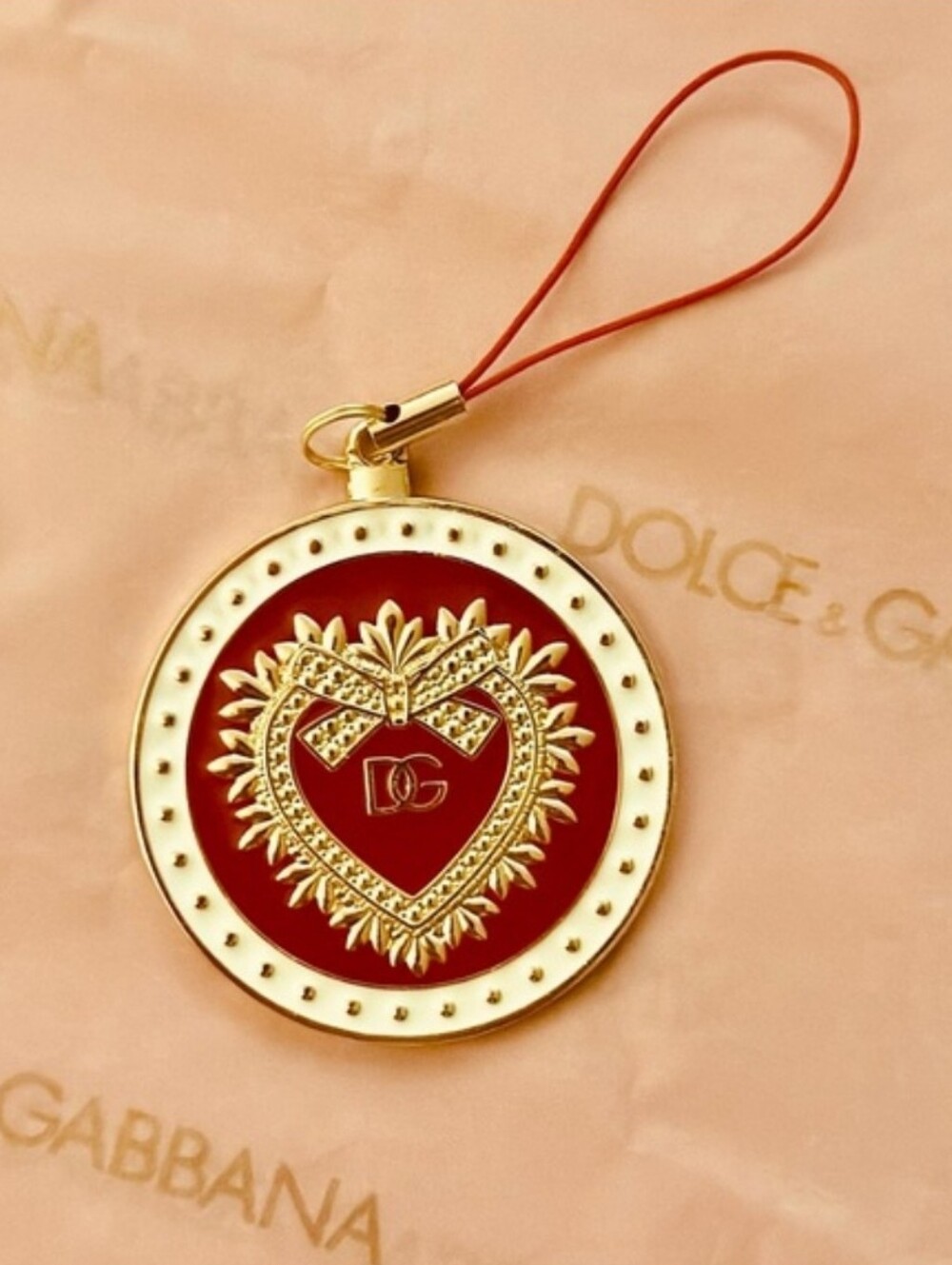 Dolce & Gabbana DG Sacred Heart Medallion Red Enamel & Gold Charm Pendant